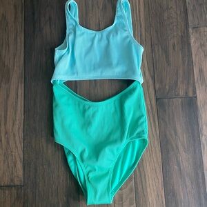 Girls 10-12 Aqua and Green One Piece Swimsuit